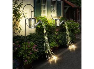 4036812005601 - Solar Steckleuchte Gießkanne Außen Gartenlampe im Gießkannen Design Stecklampe silber 24x led warmweiß h 94 cm Garten Balkon Wege Rasen 2er Set