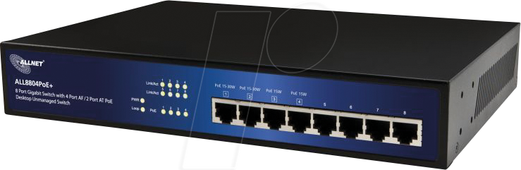 4038816979773 - ALLNET ALL8804PoE+ - Switch - unmanaged - 4 x 10 100 1000 (PoE) + 4 x 10 100 1000 - Desktop an Rack montierbar - PoE+ (63 W)