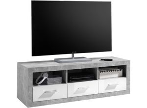 4038889038940 - Lowboard HBZ Stone Sideboards Gr B H T 147 cm x 49 cm x 45 cm 3 grau (beton weiß) Lowboards weiß Hochglanz TV Möbel bis 55 Zoll geeignet mit Beton Dekor