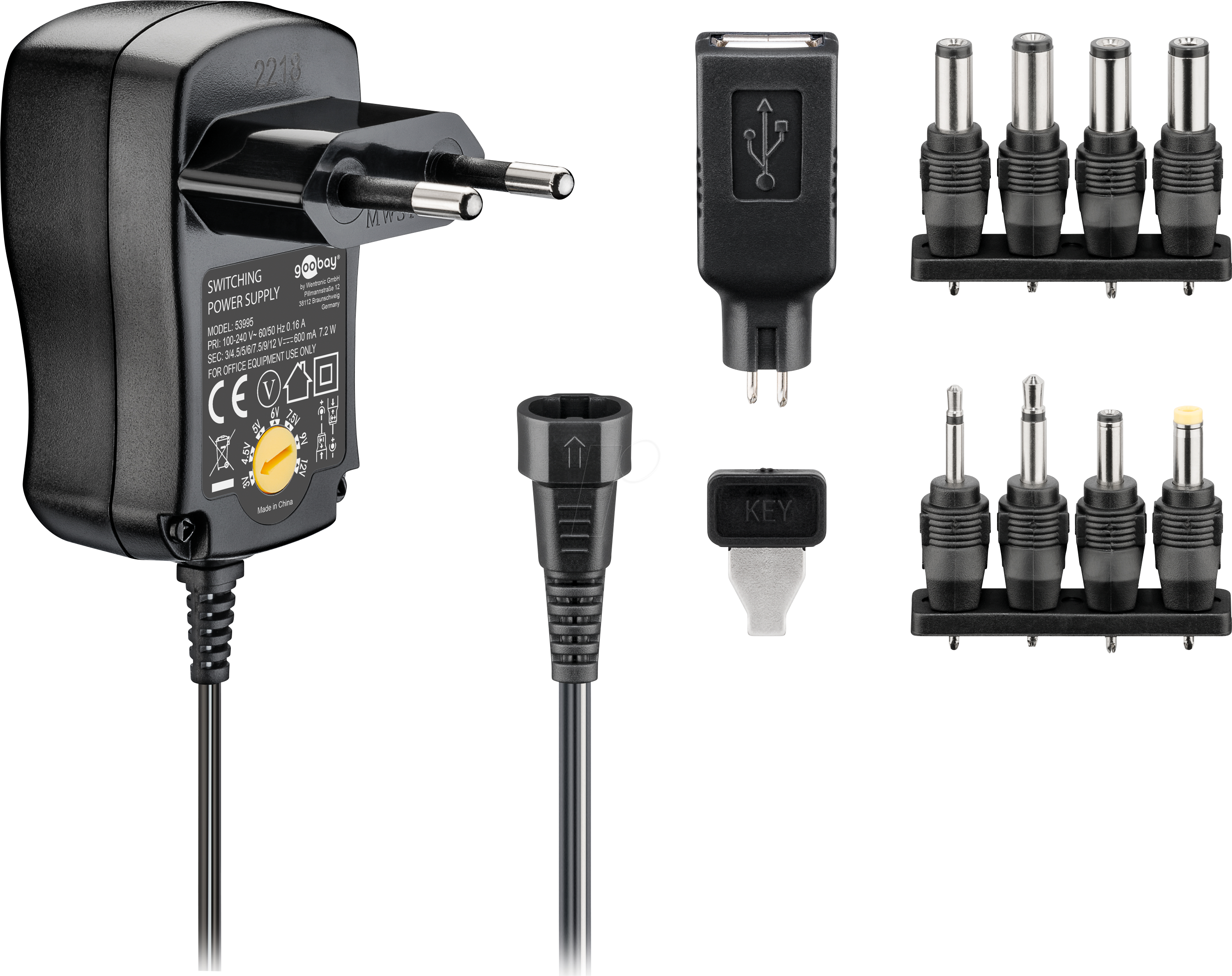 4040849539954 - GooBay EcoFriendly Universal Netzteil 600 mA 3-12 V mit 8 DC + 1 USB Adapter Netzstecker