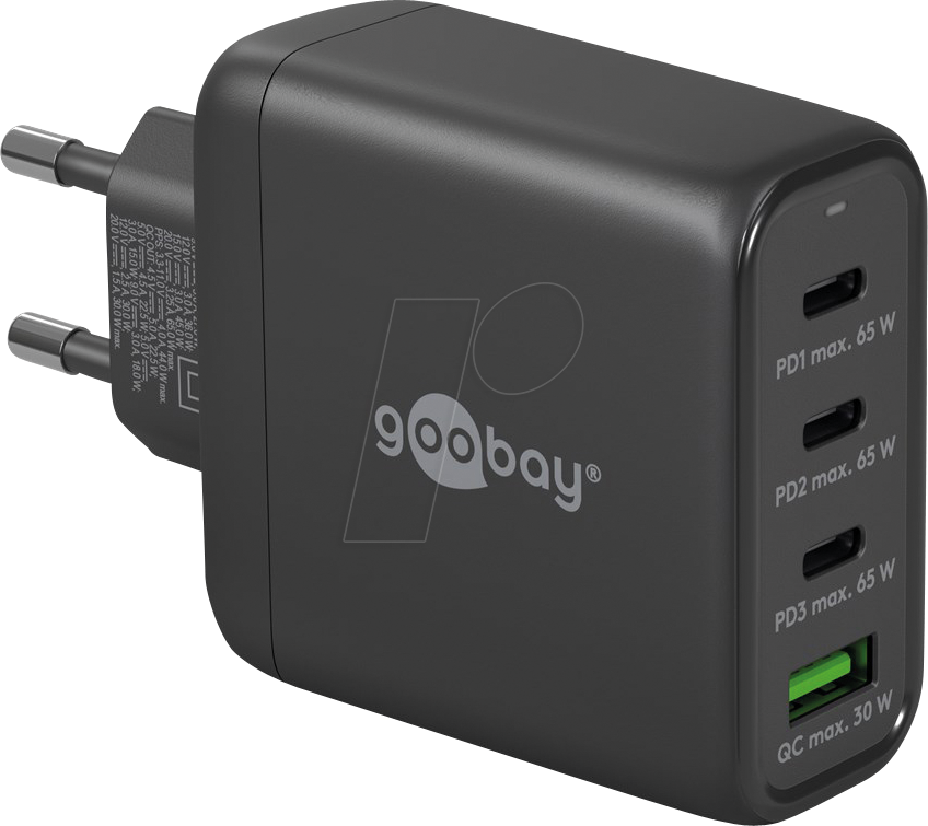 4040849648199 - GOOBAY 64819 - USB-Ladegerät 68 W 1x USB-A (QC) 3x USB-C (PD) GaN schwarz