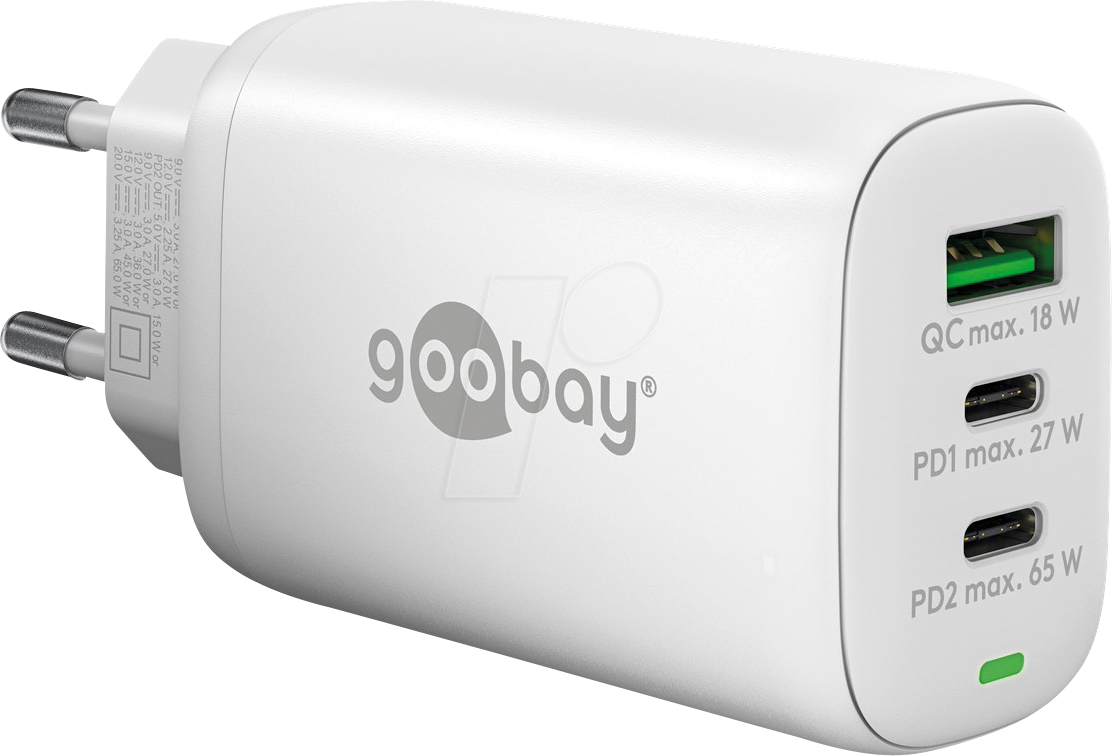 4040849654084 - GOOBAY 65408 - USB-Ladegerät 65 W 1x USB-A (QC) 2x USB-C (PD) GaN weiß