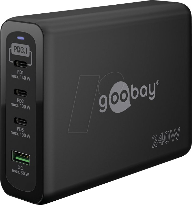 4040849658853 - GOOBAY 65885 - USB-Ladegerät 240 W 1x USB-A (QC) 3x USB-C (PD) GaN schwarz