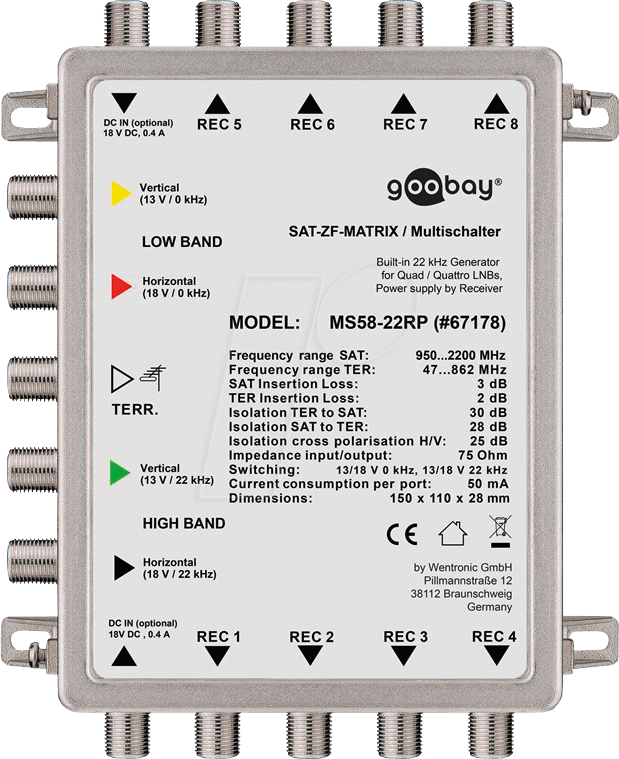 4040849671784 - Goobay Passiver SAT Multischalter 5 Eingänge   8 Ausgänge Silber - Verteiler für max 8 Teilnehmer von einem Satelliten (67178)