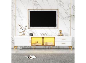 4041277632248 - Stilvoller TV-Schrank in Gold-Weiß-Marmoroptik – 170 x 35 x 50 cm – geeignet für 70-Zoll-Fernseher zwei Schubladen 3 Türen niedriger Schrank für