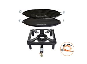 4041571305565 - AllGrill Hockerkocher-Set klein mit Gusseisen-Grillplatte Ø 38 cm inkl Gasschlauch Regler