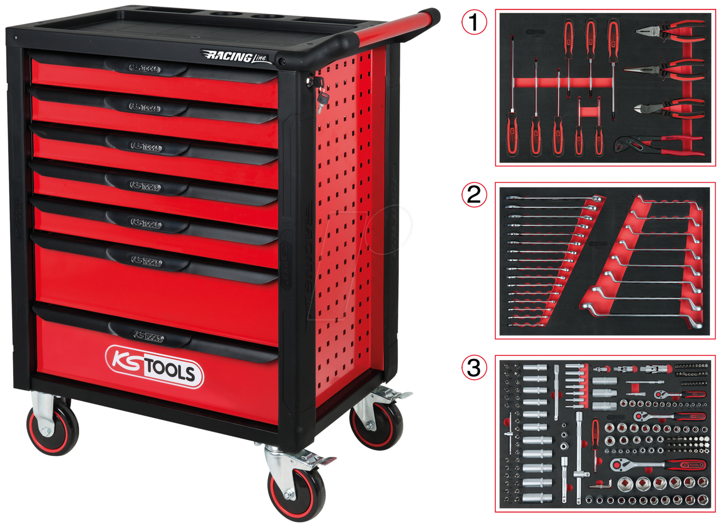 4042146693735 - Kstools - ks tools RACINGline schwarz rot Werkstattwagen mit 7 Schubladen und 215 Premium-Werkzeugen