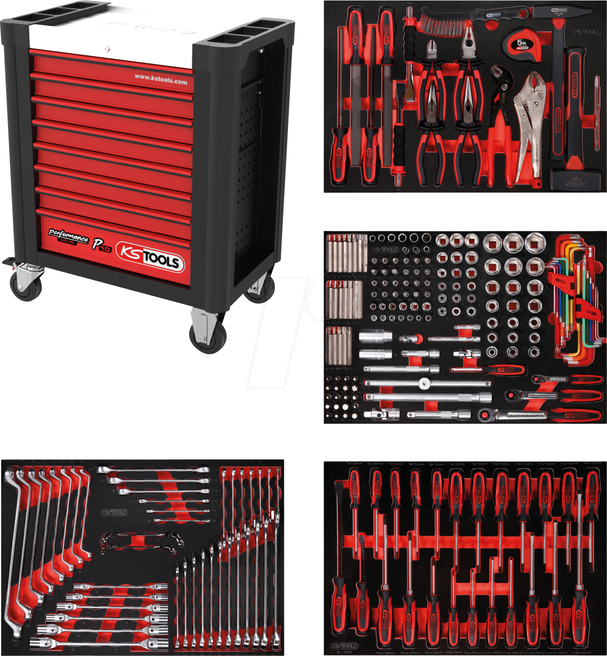 4042146859674 - Kstools - ks Tools Werkstattwagen-Satz PERFORMANCEplus P10 mit 241 Werkzeugen für 4 Schubladen - schwarz rot