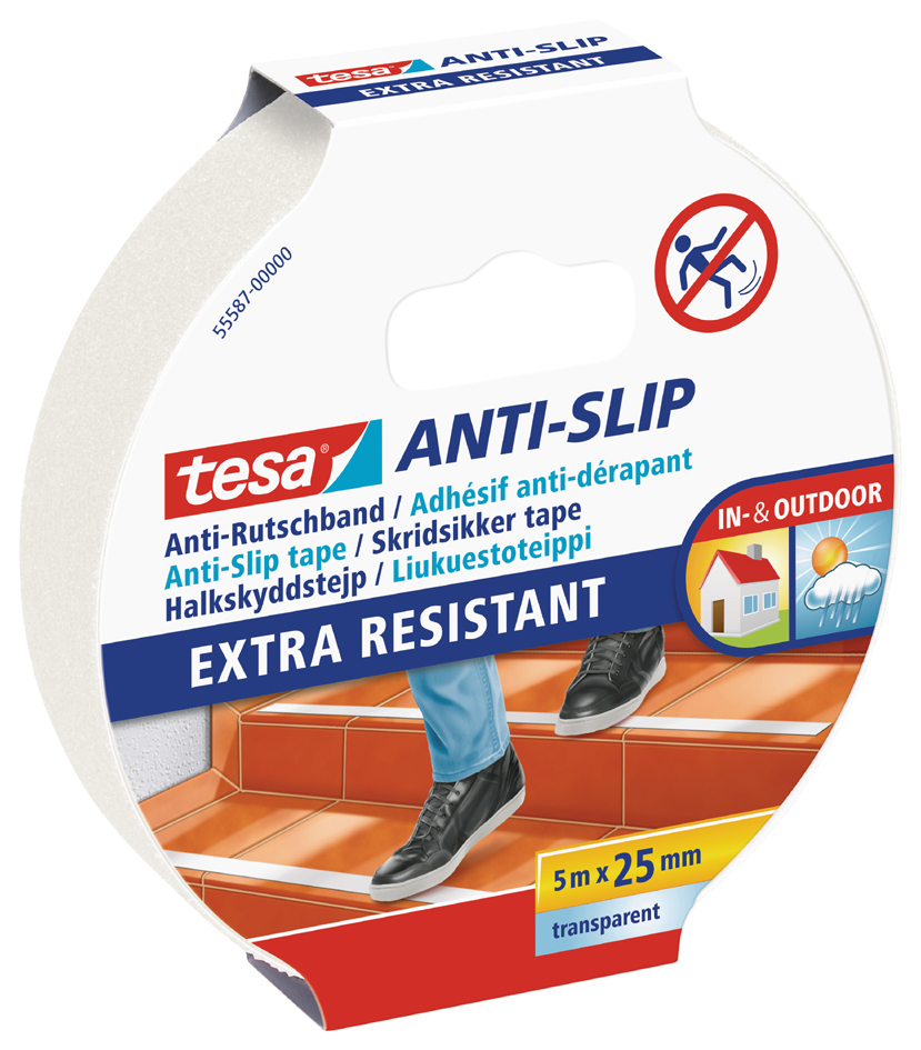 4042448101617 - Anti-Rutschband - Rutschfestes Klebeband für innen und außen - Für Treppen Leitern und glatte Böden - Transparent - 5 m x 25 mm - Tesa