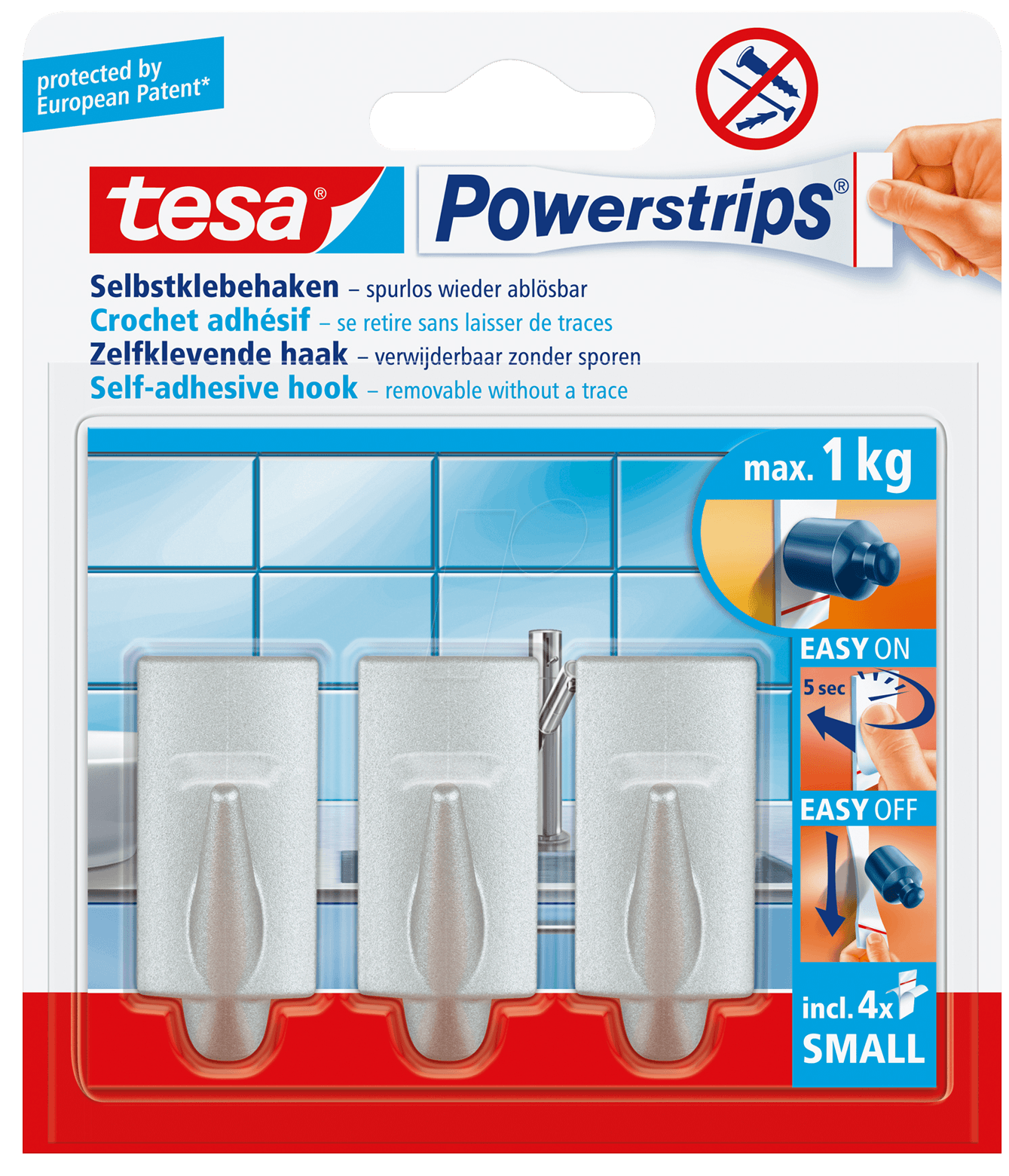 4042448104953 - Selbstklebende haken bis 1KG wieder ablösbar eckig matt-chrom 3 stück - Tesa