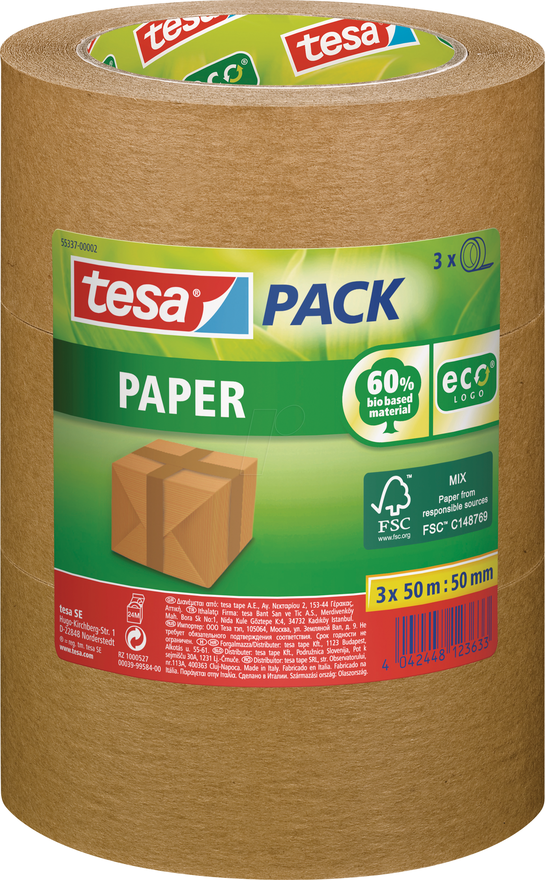 4042448123633 - Pack Paper ecoLogo im 3er Pack - Umweltgerechtes Paketband aus Papier 60 % biobasiertes Material - Braun - 3 Rollen je 50 m x 50mm - braun - Tesa