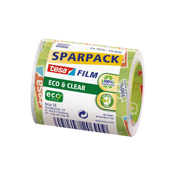 4042448206909 - tesa Klebeband tesafilm Eco & Clear Transparent 15 mm (B) x 10 m (L) Polypropylene (PP) Recycled 100% 3 Rollen