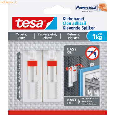 4042448340481 - Powerstrips Klebenagel 2 Stück für Tapeten und Putz höhenverstellbar bis 1kg Tragkraft schnell und spurlos ablösbar selbstklebend transparent - weiß
