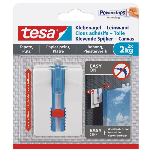 4042448537102 - tesa® Klebenagel Tapeten & Putz - höhenverstellbar - selbstklebender Nagel - ideal für Leinwand & Keilrahmen - Halteleistung 2kg Nagel - spurlos