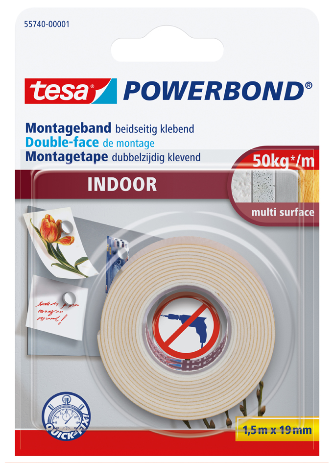 4042448843333 - Powerbond indoor - Doppelseitiges Montageband für den Innenbereich - beidseitig stark klebend zur permanenten Befestigung - 5 m - transparent - Tesa