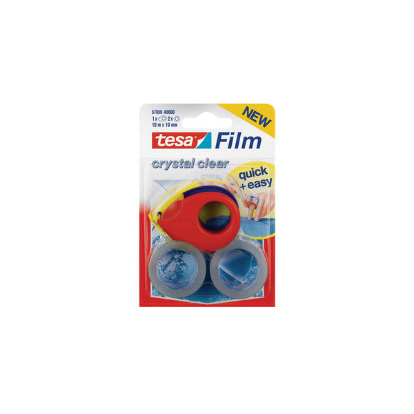 4042448855916 - tesa film - dispenser with office tape (2 rolls) - 19 mm x 10 m - crystal clear tape blue red dispenser