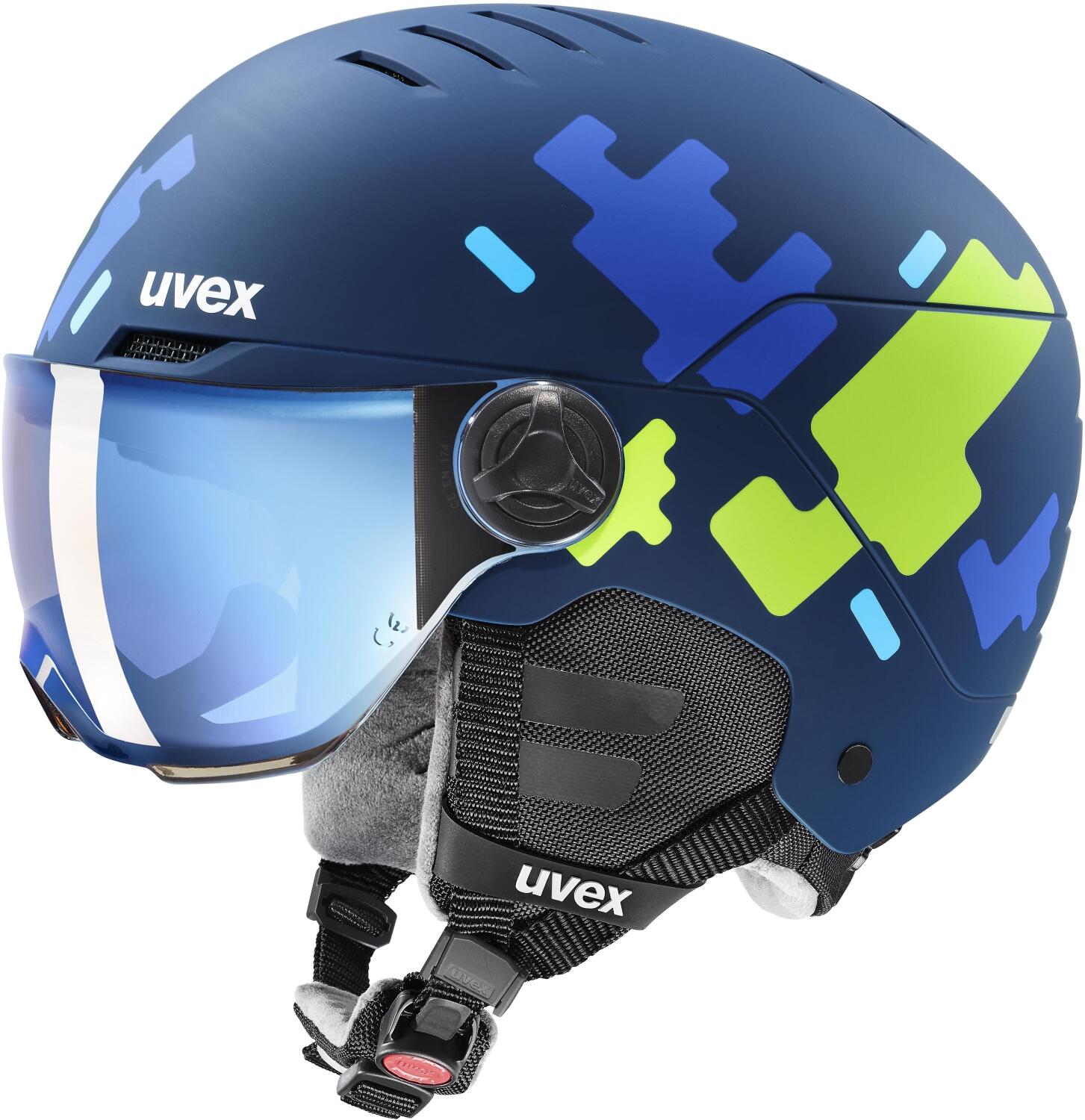 4043197364766 - uvex Rocket Jr Visor Kinderskihelm (51-55 cm 80 blue puzzle matt)