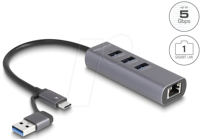 4043619642823 - 3 Port USB 5 Gbps Hub + Gigabit LAN mit USB Type-C Dockingstation