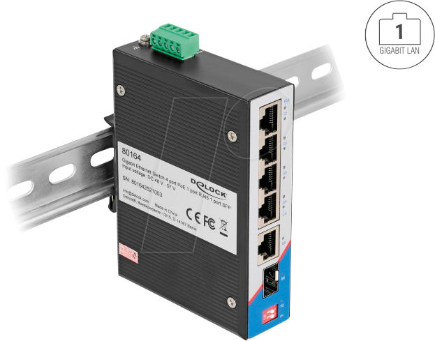 4043619801640 - DELOCK 80164 - Industrie Gigabit Ethernet Switch 4 Port für Hutschiene