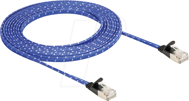 4043619803859 - RJ45 Flachband Netzwerkkabel mit Geflechtmantel Cat6A u ftp 3 m blau (80385) - Delock