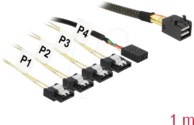 4043619857326 - Kabel Mini sas hd SFF-8643 4 x sata 7 Pin + Sideband 1 m Metall (85732) - Delock