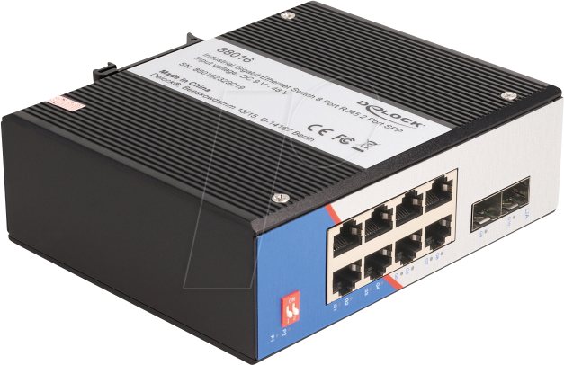 4043619880164 - Industrie Gigabit Ethernet Switch 8 Port RJ45 2 Port sfp für Hutschiene (88016) - Delock