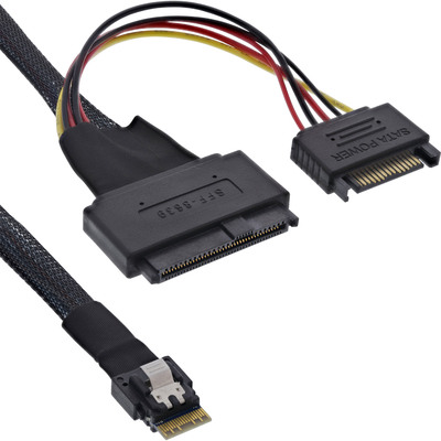 4043718288601 - Slim SAS Kabel SFF-8654 4i zu U2 SFF-8639 + SATA Strom 24Gb s 05m