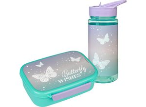 4043946316657 - Lunchbox Brotzeitdose & Trinkflasche Butterfly Wishes Kunststoff (Set 2-tlg) mit Trinkflasche rosa