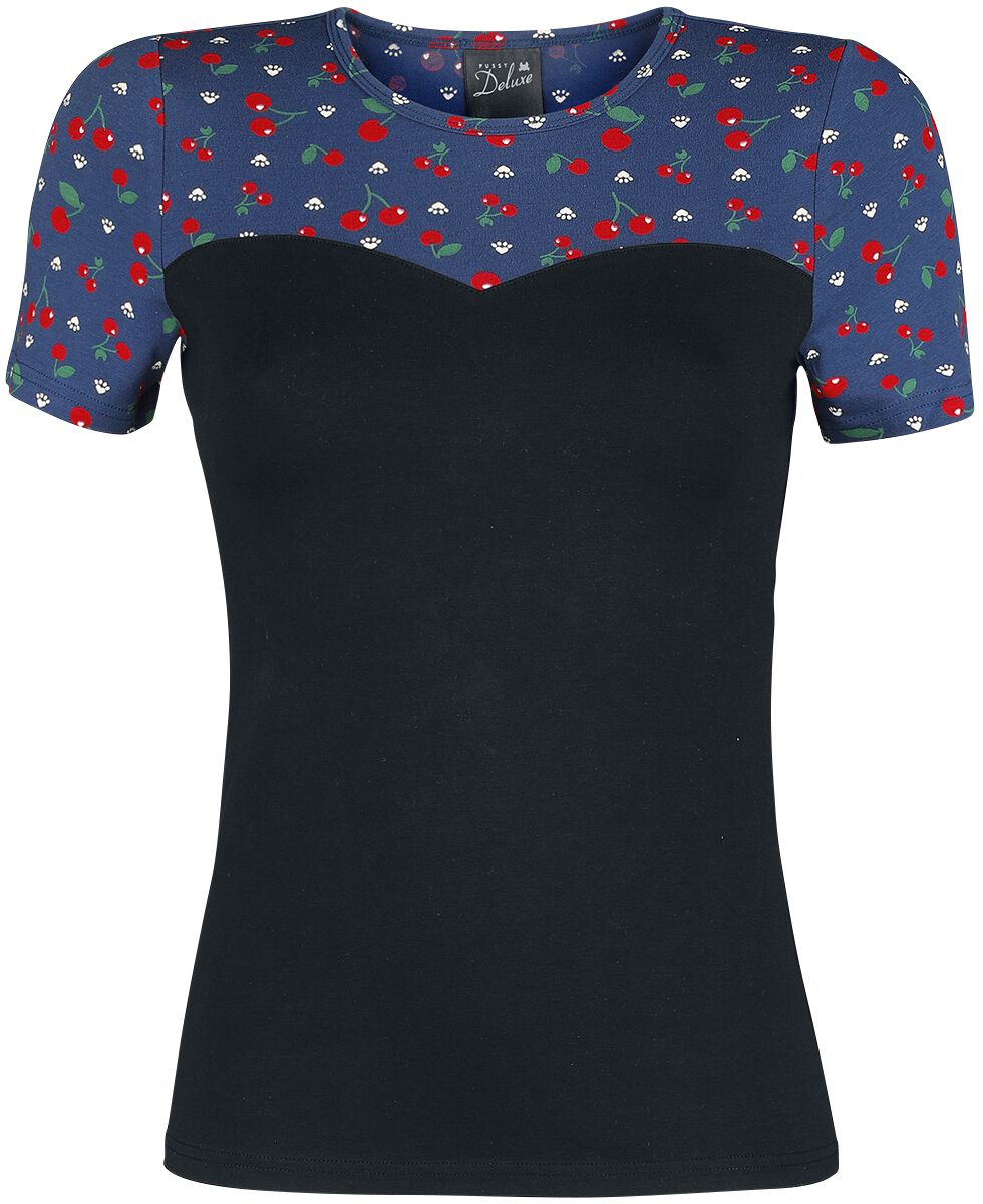 4044583745770 - Cat Paws & Cherries Girl Basic Shirt T-Shirt blau schwarz in XS