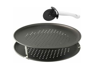 4044935075128 - Pizzaset 3-teilig Pizzableche & Pizzaschneider Pizzablech rund (ø 32 cm) gelocht inkl Pizzaschneider und Halter für Pizza & Flammkuchen-7512