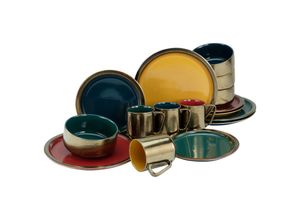 4045486229732 - Kombiservice CREATABLE Geschirr-Set Rustikal Geschirr-Sets Gr 16 tlg bunt (dunkelgrün rot gelb dunkelblau) Geschirr-Sets für 4 Personen Service Effekt an Kanten und Rändern 16 Teile