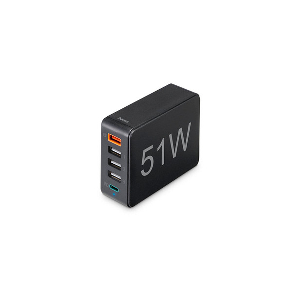 4047443487353 - HAMA 5 Ports 1x USB-A QC 30 3x USB-A USB-C PD Schnellladegerät Universal 36-12 Volt 51 Watt Schwarz