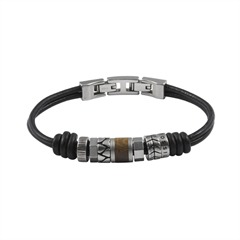 4048803317389 - Armband FOSSIL JF84196040 Armbänder Gr Edelstahl-Leder-Holz bunt (silberfarben schwarz braun) Herren Armkette Lederarmband Armketten Armschmuck