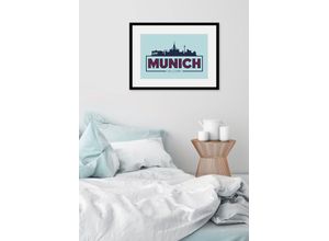 4049009839125 - Bild QUEENCE Welcome Munich Bilder Gr B H 70 cm x 50 cm Wandbild Städte Querformat 1 St blau Bild Kunstdruck Bilder mit Rahmen