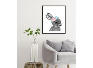 4049009865087 - Bild QUEENCE Albert Bilder Gr B H 50 cm x 70 cm Wandbild Hase Hochformat 1 St bunt (blau rosa schwarz) Kunstdrucke mit Rahmen schwarz