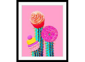 4049009894650 - Bild QUEENCE Selina Bilder Gr B H 50 cm x 60 cm Wandbild Süßspeisen Hochformat bunt (pink gelb türkis) Kunstdrucke Donut gerahmt Kaktus Muffin