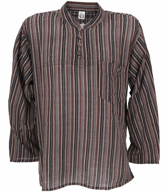 4049576226625 - Nepal Fischerhemd gestreiftes Goa Hippie Hemd Yogahemd - braun Langarmhemd braun schwarz in XL