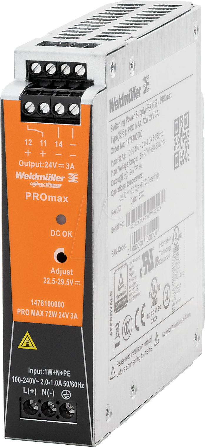 4050118285970 - WEID 1478220000 - Schaltnetzteil Hutschiene PROmax 72 W 12 V 6 A