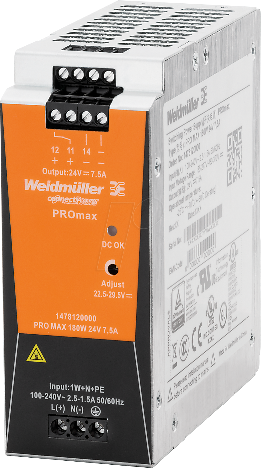 4050118286045 - WEID 1478120000 - Schaltnetzteil Hutschiene PROmax 180 W 24 V 75 A