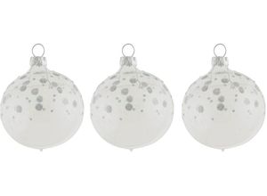 4050173268574 - Weihnachtsbaumkugel Lihn Christbaumschmuck aus Glas mit Pünktchenregen Ø ca 8 cm (3 St) Weihnachtsdeko Christbaumkugel mundgeblasen handdekoriert klarglas silberfarben|weiß