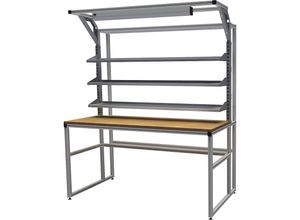 4050413087682 - bedrunka hirth workalu® Aluminium-Werkbank mit Systemaufbau einseitig Breite 1750 mm mit 3 Fachböden und Arbeitsplatzleuchte Plattenbreite 1750 mm