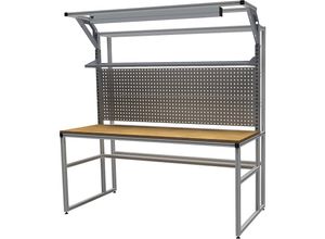 4050413087699 - bedrunka hirth workalu® Aluminium-Werkbank mit Systemaufbau einseitig Breite 1950 mm mit 1 Fachboden 2 Lochwände und Arbeitsplatzleuchte Plattenbreite 1950 mm