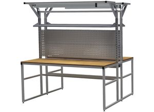 4050413087828 - bedrunka hirth workalu® Aluminium-Werkbank mit Systemaufbau doppelseitig Breite 1950 mm mit 2 Fachböden 4 Lochwänden 1 Kabelkanalwanne und 2 Arbeitsplatzleuchten Plattenbreite 1950 mm