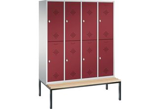 4050646000519 - CLASSIC Garderobenschrank mit untergebauter Sitzbank doppelstöckig 4 Abteile je 2 Fächer Abteilbreite 400 mm lichtgrau   rubinrot