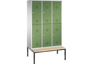 4050646100707 - CLASSIC Garderobenschrank mit untergebauter Sitzbank doppelstöckig 3 Abteile je 2 Fächer Abteilbreite 400 mm lichtgrau   resedagrün