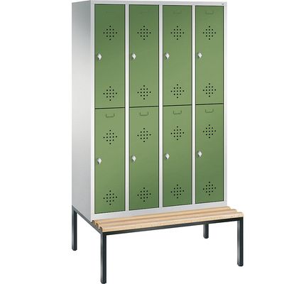 4050646100769 - CLASSIC Garderobenschrank mit untergebauter Sitzbank doppelstöckig 4 Abteile je 2 Fächer Abteilbreite 300 mm lichtgrau   resedagrün