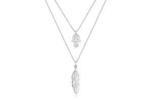 4050878555306 - Gliederkette ELLI Layer Feder Hamsa Kristalle 925 Silber Halsketten Gr 45 ohne Stein Silber 925 (Sterlingsilber) Länge 45 cm silberfarben (silber) Damen Gliederketten