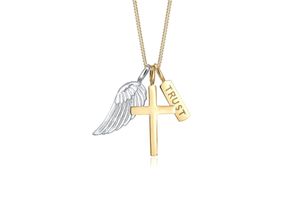 4050878555351 - Kette mit Anhänger ELLI Kreuz Flügel Trust Bi Color 925 Silber Halsketten Gr 45 Silber 925 (Sterlingsilber) Länge 45 cm goldfarben (gold) Damen Ketten mit Anhänger