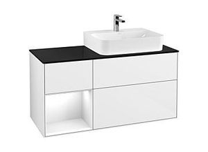 4051202605940 - Villeroy und Boch Finion Waschtischunterschrank F142GFGF 120cm Abdeckplatte Glass Black Matt Regal links Glossy white lacquer Glossy white lacquer