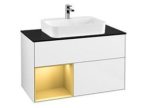 4051202678487 - Villeroy und Boch Finion Waschtischunterschrank G362HFGF 100cm Abdeckplatte black matt Emotion Regal links Gold matt Glossy white lacquer